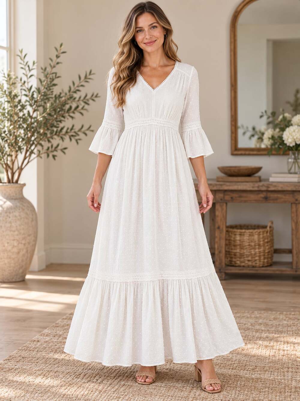 Knox Rose Swiss Dot Maxi Dress Size M White V-Neck Flutter Sleeve Boho